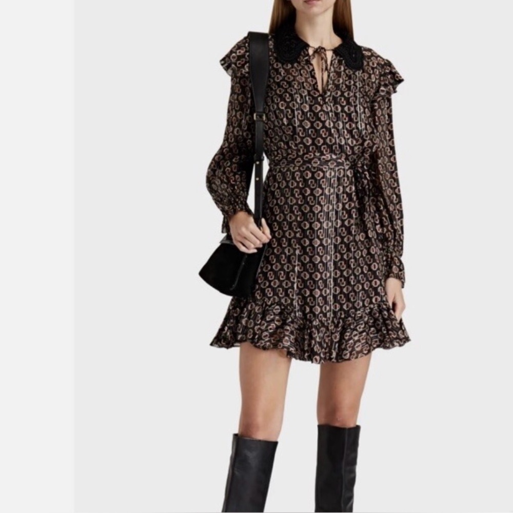 Maje Black and Brown Printed Long Sleeve Mini Dress
